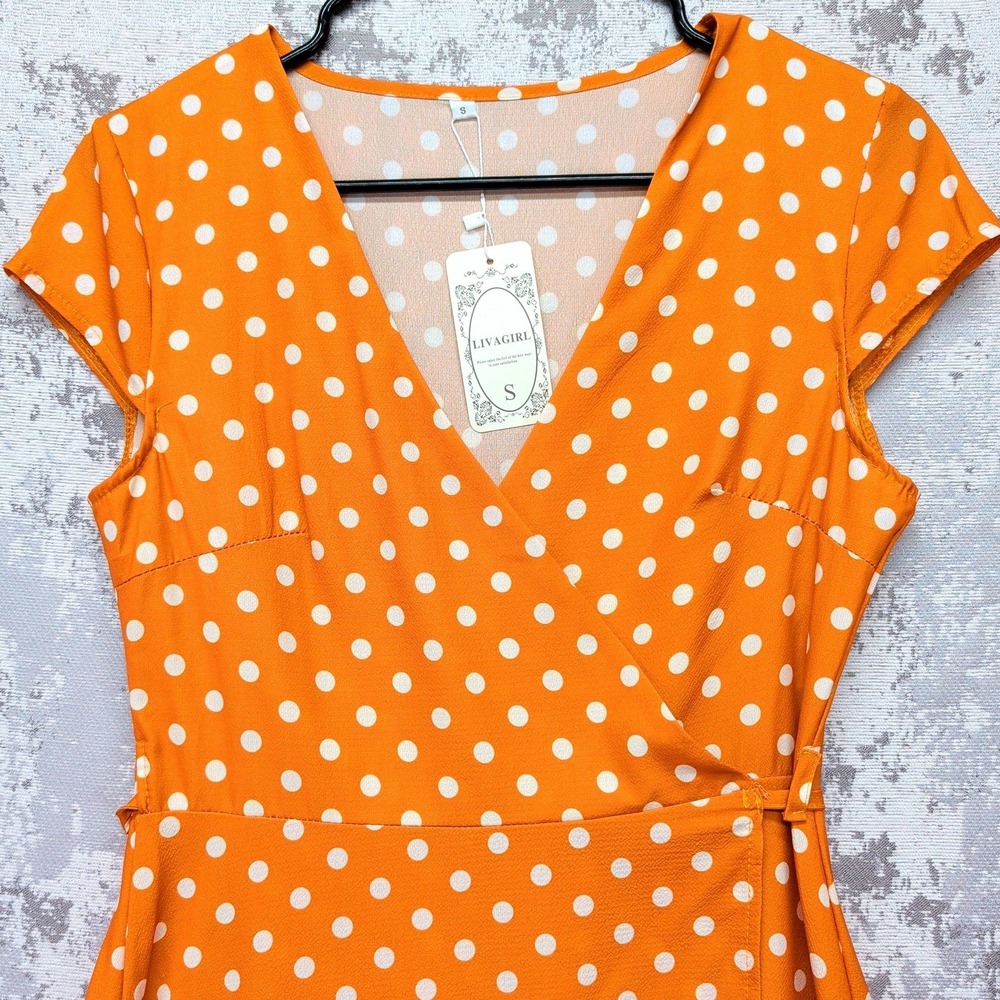 LIVAGIRL Orange Polka Dot High-Low Wrap Dress Small V-Neck Short Sleeve New - Picture 3 of 15